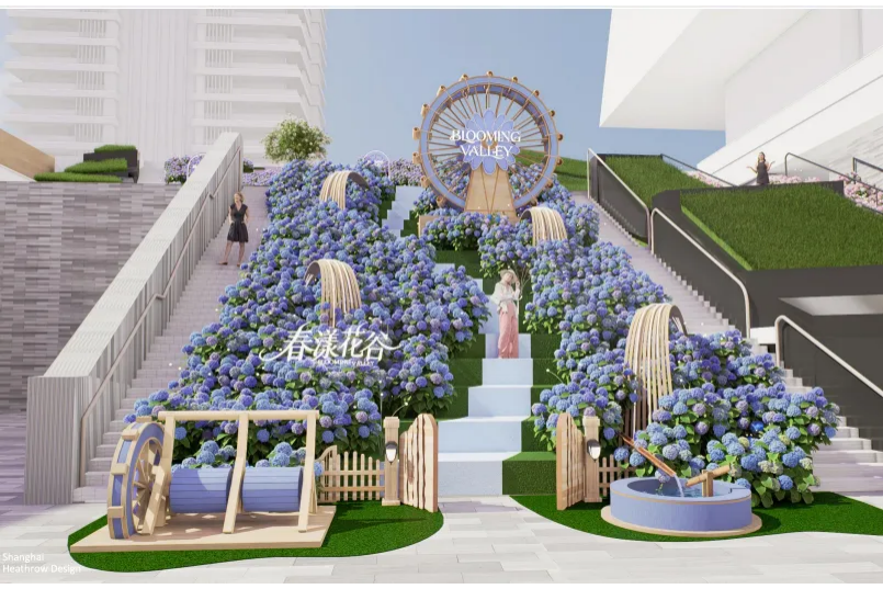 Shanghais Einkaufszentren als Frühlingserlebniswelt mit Blumen
